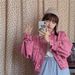 Korean Chic Oversized Denim Jacket – Cropped, Puff Sleeve, Multi-Pocket, Lapel Collar (One Size, Dark/Light Blue/Pink, 90s Retro Streetwear)_mkmklike.com