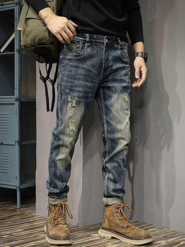 Men's Trendy Retro Ripped Jeans Slim Fit Stretch Casual Pants Cool American Style Long Trousers for Autumn/Winter_mkmklike.com