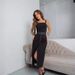 Women's Clothing square collar fashion contrast waist slim slit suspender dress_mkmklike.com