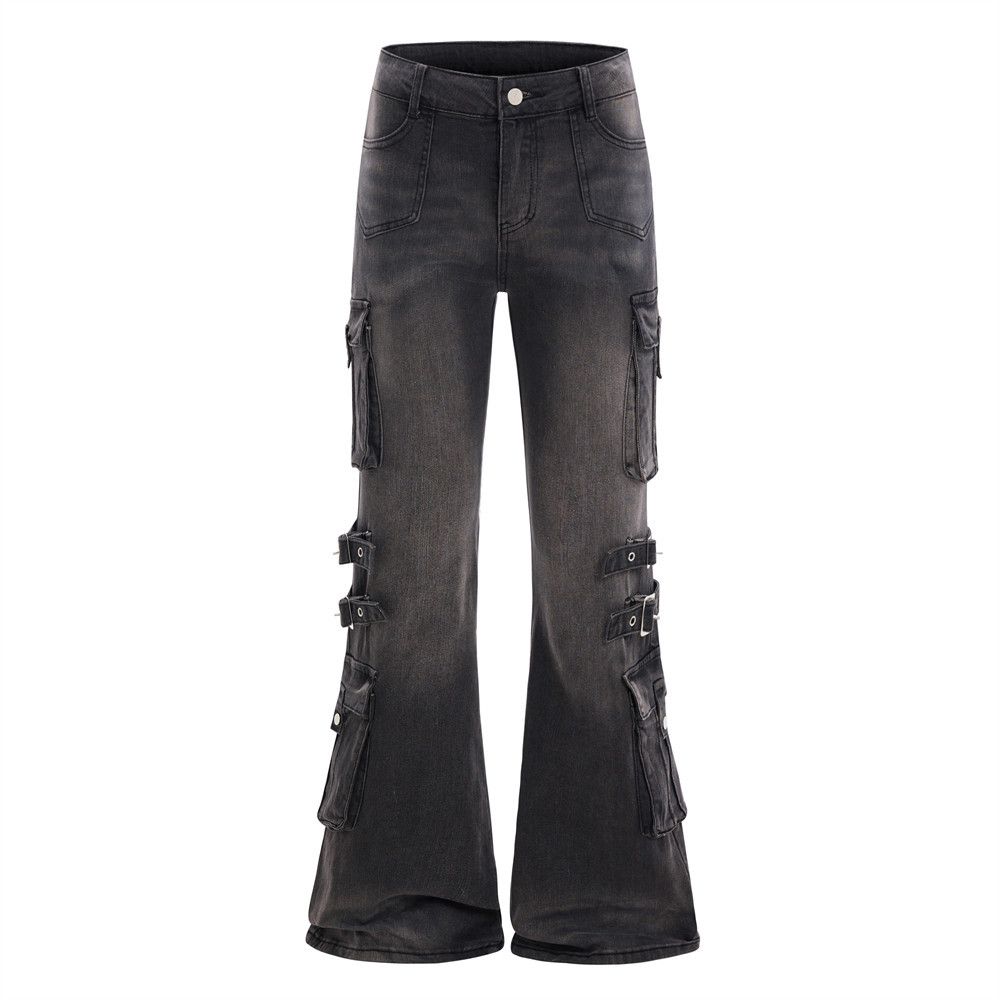 High Street Vibes Trendy Lace-Up Cargo Jeans For Men Punk Vintage Washed Design Niche Slightly Flared Long Pants_mkmklike.com
