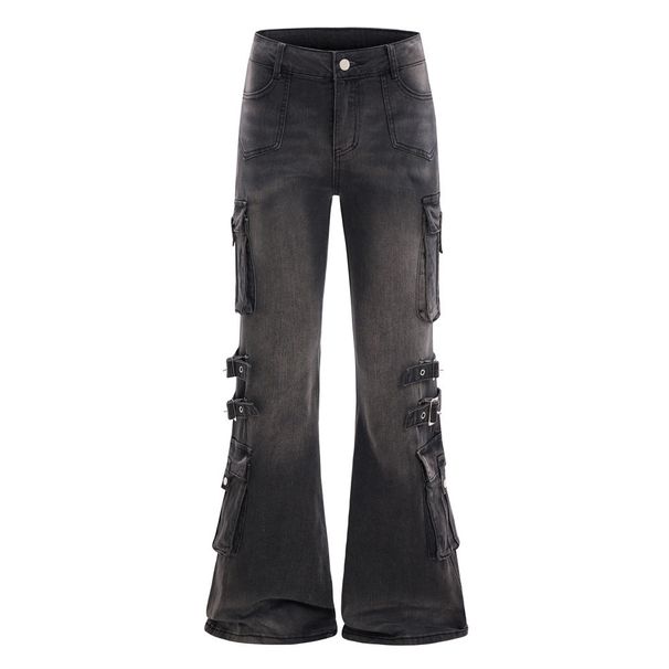 High Street Vibes Trendy Lace-Up Cargo Jeans For Men Punk Vintage Washed Design Niche Slightly Flared Long Pants_mkmklike.com