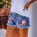 Distressed Denim Shorts Women's High Waisted Straight Leg Ripped Fringe Summer Casual Shorts With Flag Patch & Letter Print_mkmklike.com
