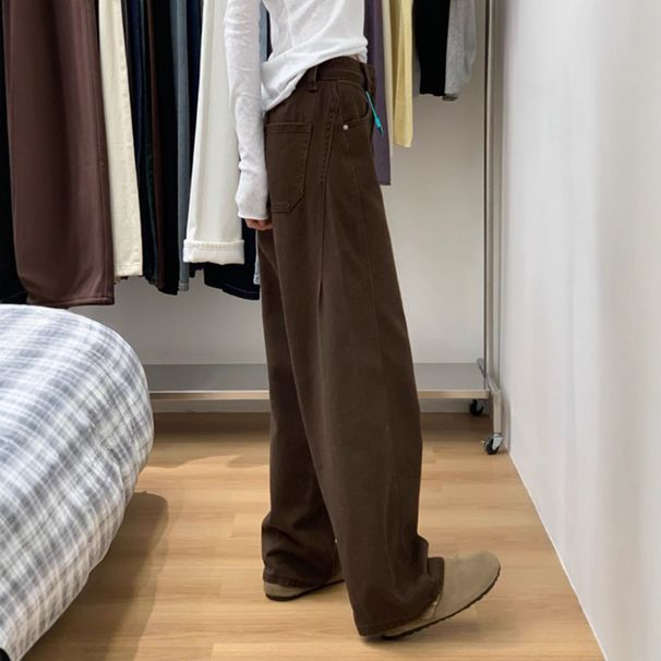 Brown Curved Hem Jeans For Women, Early Autumn Style, Plus Size, High-waisted, Loose Fit, Hip-covering, Slimming,_mkmklike.com