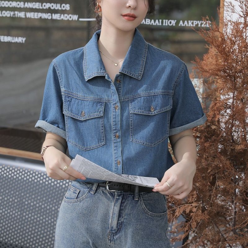 Chicco French Retro Denim Short Sleeve Shirt For Women Summer 2024 New Petite Elegant Top Niche Artistic_mkmklike.com