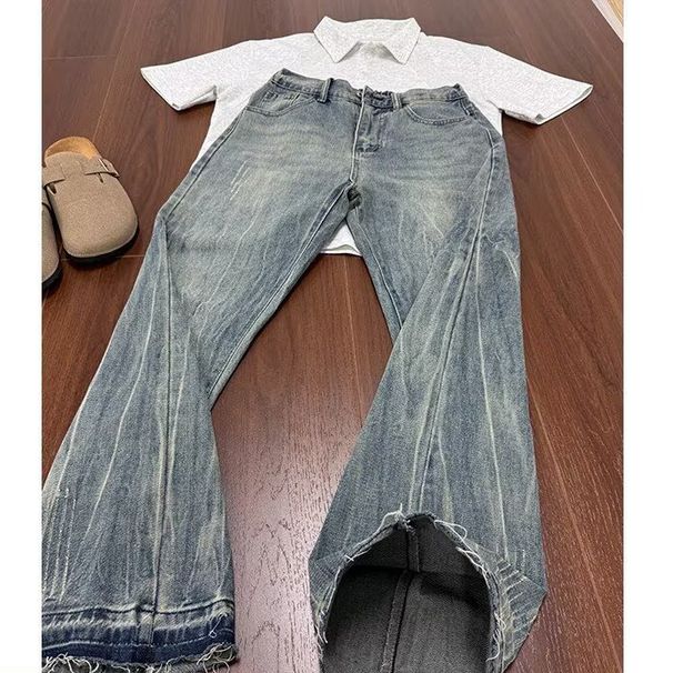 Vintage 70s Flared Jeans – Unisex High-Waisted Bell Bottoms, Distressed Hem, Washed Denim (S-3XL, No-Stretch Cotton, Retro Streetwear)_mkmklike.com