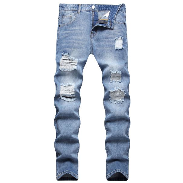 Men's Straight Fit Distressed Denim Jeans - Classic Blue Washed Cotton Trousers For Casual Wear_mkmklike.com