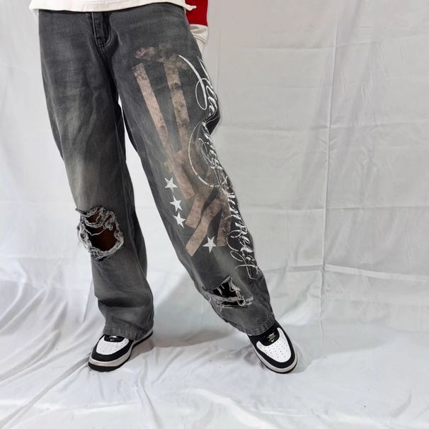 Men's Clothing Trendy Straight Leg Loose Jeans Women's Casual Pants Distressed Print Cropped Y2k For Formal & Casual_mkmklike.com
