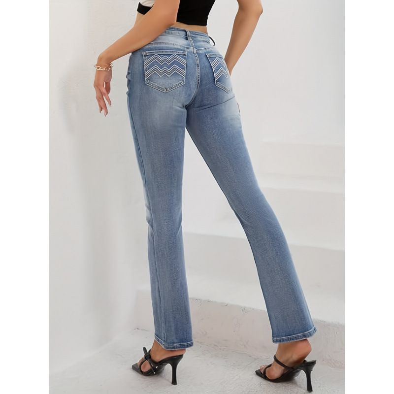 Women's Mid-Rise Flared Jeans With Embroidery, Curve-Enhancing Stretch Denim Bootcut Pants For A Sexy Silhouette_mkmklike.com