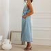 K Women's Denim Distressed Shoulder Strap Single Row Button Mid Length Dress_mkmklike.com