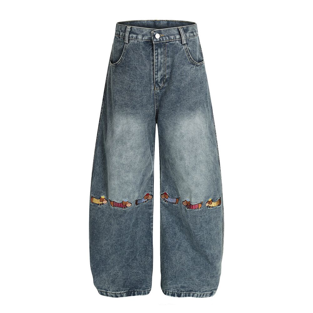 American High Street Washed White Blade Jeans Men's Vibe Trendy Fun Embroidered Dachshund Puppy Wide Leg Pants_mkmklike.com