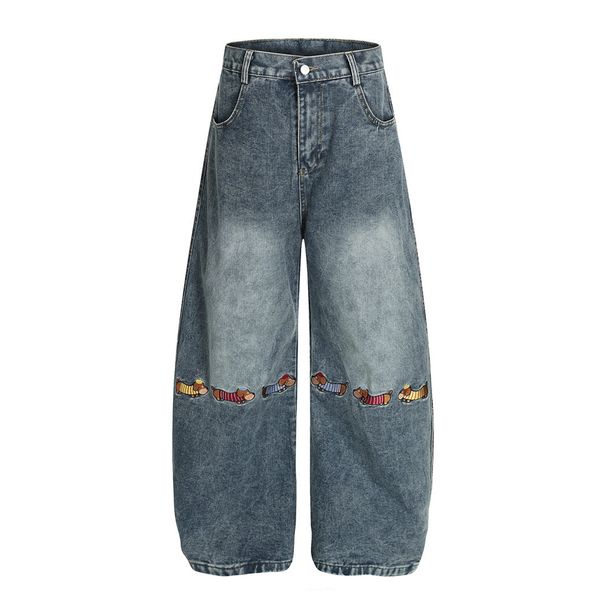 American High Street Washed White Blade Jeans Men's Vibe Trendy Fun Embroidered Dachshund Puppy Wide Leg Pants_mkmklike.com