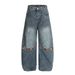 American High Street Washed White Blade Jeans Men's Vibe Trendy Fun Embroidered Dachshund Puppy Wide Leg Pants_mkmklike.com