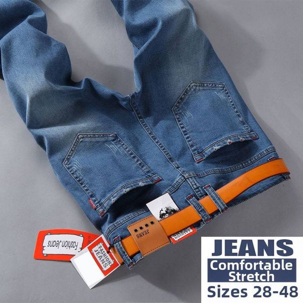 Men's Straight Leg Slim Fit Jeans Mid Waist Stretch Business Pants Autumn/Winter Plus Size Black Blue Zipper Fly Cotton_mkmklike.com