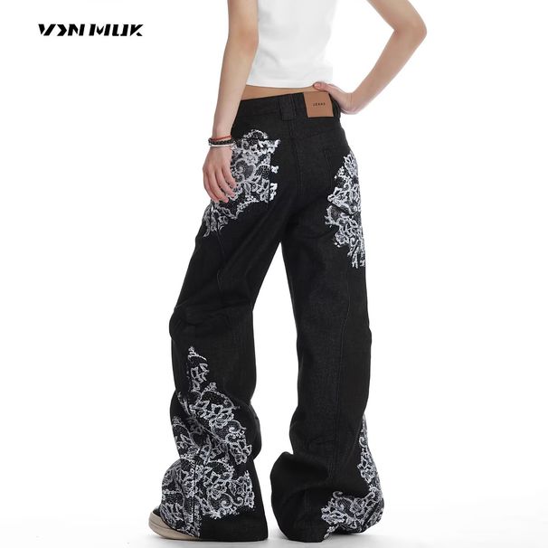 Unisex Vintage Floral Print Oversized Straight-Leg Jeans Baggy Trousers with Tribal Motifs Streetwear Retro Style_mkmklike.com