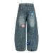Design Sense Floral Embroidery Scimitar Wide-Leg Jeans Street Fashion Punk Washed Vintage Loose Long Pants Men's_mkmklike.com