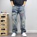 Men's Clothing High End Retro Ripped Jeans Men's Trendy Brand Personalized Scratched Patches Embroidered Slim Straight Pants Men's Spring And Autumn_mkmklike.com