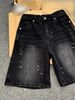 Men's Clothing Men's Black Lightning Striped Ripped Denim Shorts Washed Five Point Summer Style Trendy High End Fashion Pants_mkmklike.com