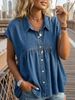 Women's Cap Sleeve Denim Blouse, Casual Loose Pleated Babydoll Shirt, Button Down Collared Peplum Top For Daily Streetwear Summer Everyday Wear, Soft_mkmklike.com