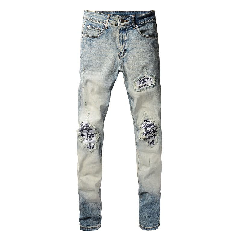 Men's Clothing American High Street Fashion Brand Men's Jeans Men's Slim Fit Hole Jeans Men's Long Trousers Retro Ripped Oil Hole Men's Trousers 1336_mkmklike.com