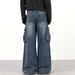Trendy High Street Washed Denim Cargo Men's Multi-Pocket Design Wrinkled Vintage Loose Wide-Leg Pants_mkmklike.com