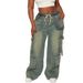 Vintage Blue High Waist Wide Leg Jeans For Women - Cotton Denim Streetwear Pants With Multi-Pockets & Distressed Wash_mkmklike.com