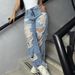 Women's Distressed Washed Straight Leg Jeans | Vintage Streetwear Denim Pants With Button Details | Stretch Relaxed Fit High Waist Trousers_mkmklike.com