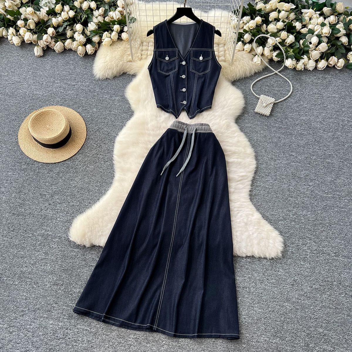 Women's Clothing Summer Outfit For Women Retro Sleeveless V Neck Denim Vest, High Waist Drape Skirt, Two Piece Suit_mkmklike.com