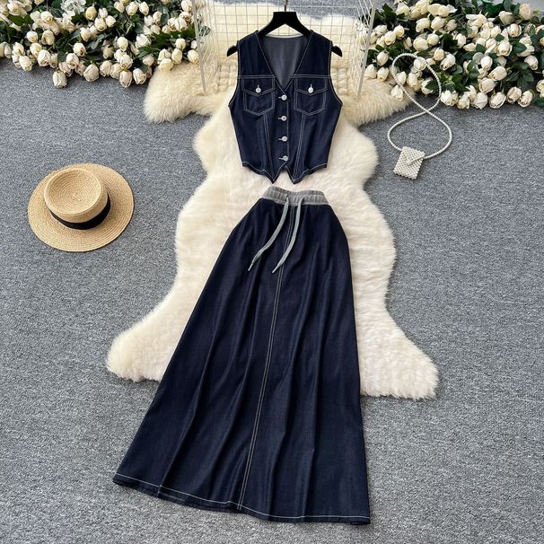 Women's Clothing Summer Outfit For Women Retro Sleeveless V Neck Denim Vest, High Waist Drape Skirt, Two Piece Suit_mkmklike.com