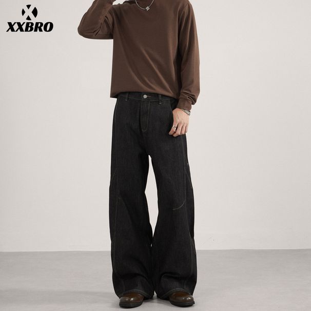 Men's Clothing Retro Split Wide Leg Jeans A-Line Denim Straight Leg Pants American Style Floor Length Vintage Washed Denim Pants For Cleanfit Style_mkmklike.com