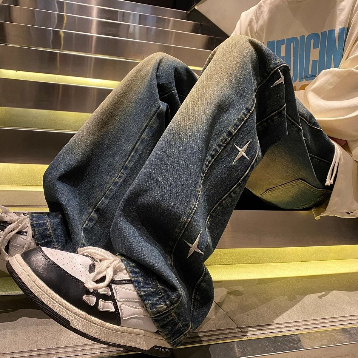 Washed Embroidered Jeans Men's 2025 New Spring And Autumn Season American High Street Retro Old High Street Wide-leg Trousers_mkmklike.com