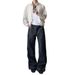 Men's Heavyweight Washed Denim Jeans - Black & Dark Blue Striped, Loose Fit, Straight To Slightly Flared Leg, Trendy Wide Leg Pants_mkmklike.com