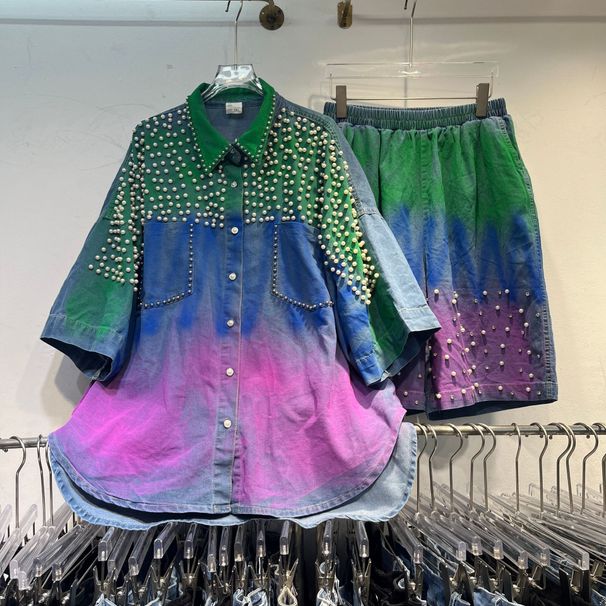 Women's Clothing Heavy Beaded Diamond Gradient Denim Short Sleeve Shirt Top Elastic Waist Denim Shorts Two Piece Set_mkmklike.com