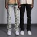 Men's Stretch Denim Pants – Slim Straight-Leg Jeans With Patchwork Details, Vintage Wash & Comfort Fit For Streetwear & Casual Style_mkmklike.com