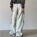 Women's Clothing Retro Multi Pocket Jeans For Women Y2k High Street Straight Overalls Wide Leg Trousers Casual Pants_mkmklike.com