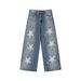 Graffiti Star Paint-Splattered Jeans – Distressed Straight-Leg Denim (Unisex Vintage Wide-Leg, Button Fly, Washed Finish, Street Art Aesthetic)_mkmklike.com