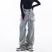 Men's Washed Cargo Jeans Straight Leg Loose Fit Wide Leg American High Street Style Trendy Cool Pleated Retro Trousers_mkmklike.com