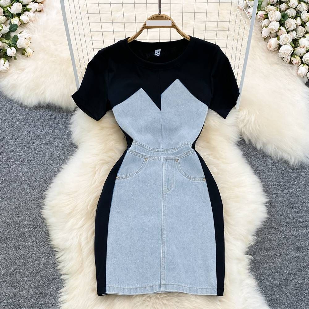 Women's Clothing temperament round neck short sleeve denim splicing slim fit short hip dress summer_mkmklike.com