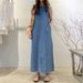 Fashionable long skirt round neck sleeveless pocket baggy long vest denim gown dress woman_mkmklike.com