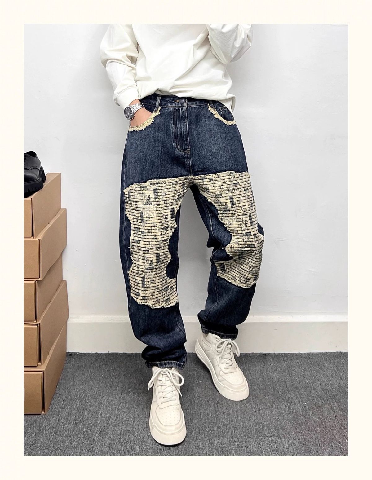 Trendy Brand Heavy Splicing Patch Design Slightly Collapsed Jeans Men's Trend Hairdresser Slim-fitting Pants Tapered Pants_mkmklike.com