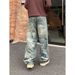 Men's Graffiti Washed Denim Pants - Streetwear High Waist Loose Fit Vintage Straight Leg Jeans With Artistic Paint Splatter Design_mkmklike.com
