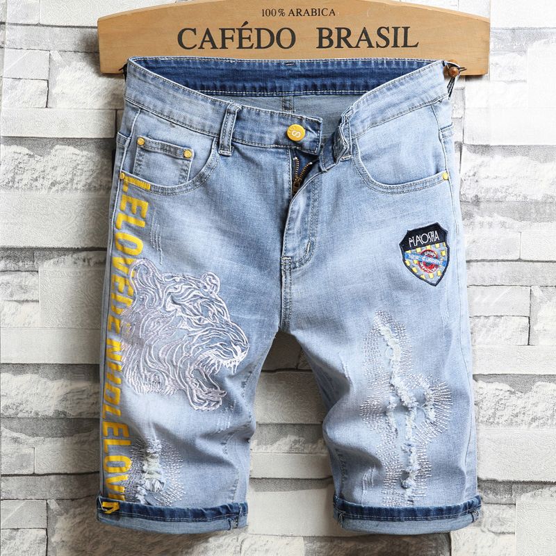 Men's Clothing Embroidered Jeans Shorts Fashion Men's Casual Stretch Denim Shorts_mkmklike.com