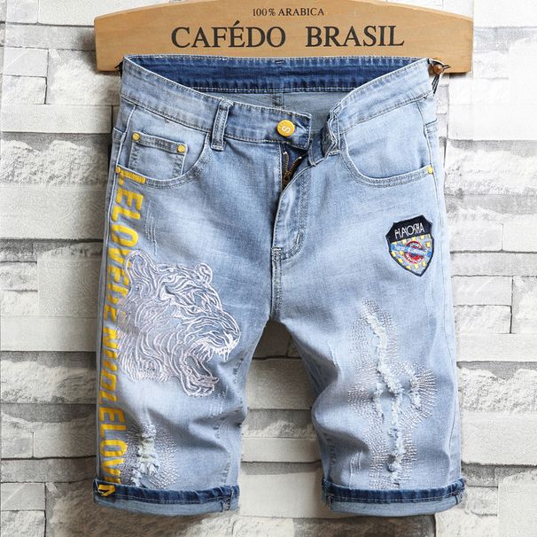 Men's Clothing Embroidered Jeans Shorts Fashion Men's Casual Stretch Denim Shorts_mkmklike.com