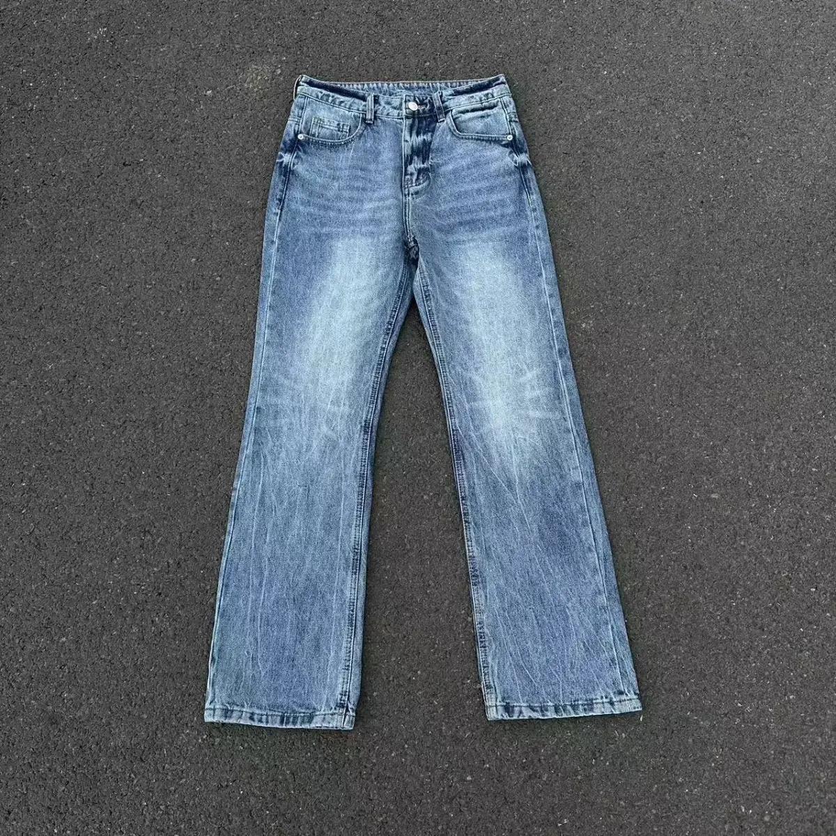 Men's Clothing Men's Ice Blue Ripple Wash Jeans - Straight Leg Retro Denim Pants (Vintage Slub Texture)_mkmklike.com