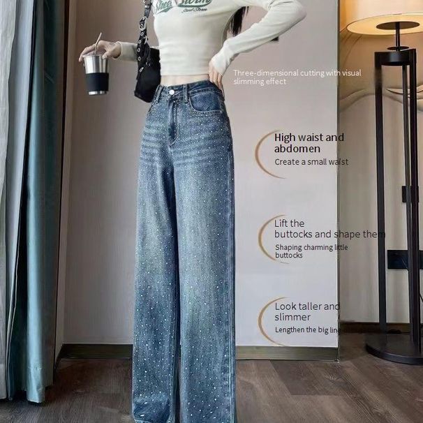 High Waist Rhinestone Straight Leg Jeans For Women - Trendy Wide-Leg Palazzo Pants With Sparkle Accents (S-3XL)_mkmklike.com