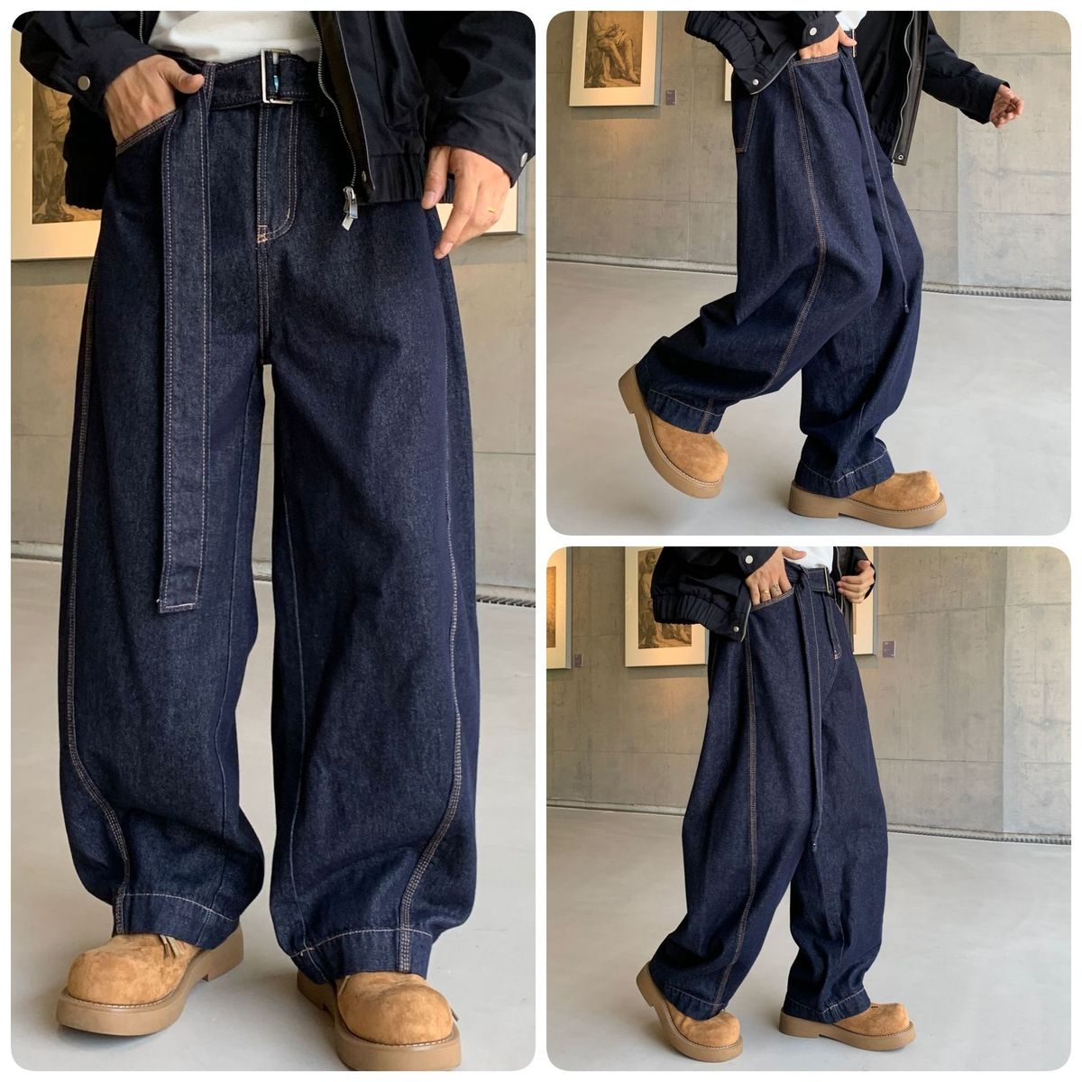 Men's Clothing Men's Vintage Belt Loop Streetwear Jeans – Oversized Straight Fit, Distressed Wash, Retro Denim (S-3XL, Ultra Deep Blue)_mkmklike.com