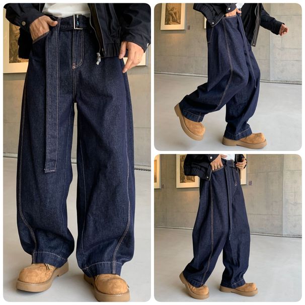 Men's Clothing Men's Vintage Belt Loop Streetwear Jeans – Oversized Straight Fit, Distressed Wash, Retro Denim (S-3XL, Ultra Deep Blue)_mkmklike.com
