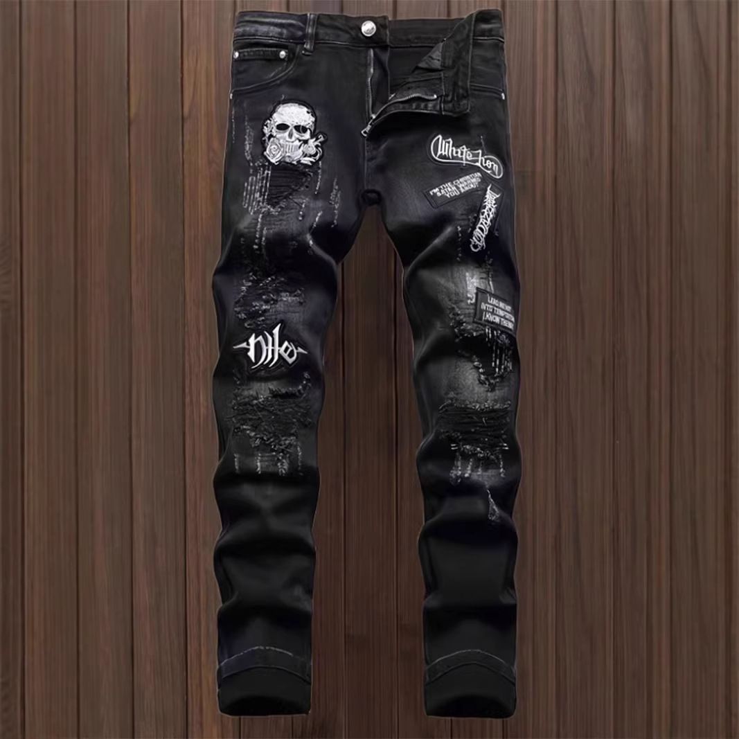Men's Slim Straight Leg Jeans Heavy Embroidery Distressed Patches High Street Fashion_mkmklike.com