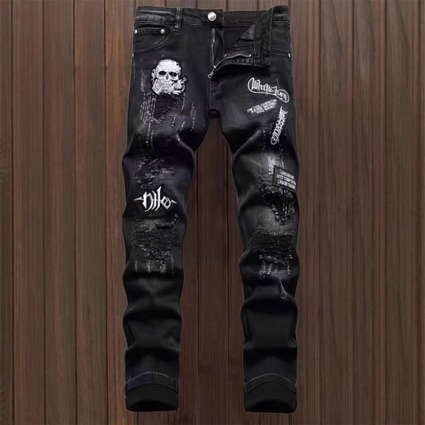 Men's Slim Straight Leg Jeans Heavy Embroidery Distressed Patches High Street Fashion_mkmklike.com