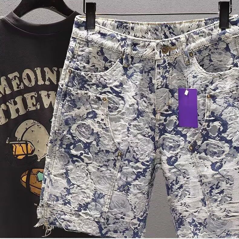 Luxury Denim Shorts For Men, Summer Loose Fit, Versatile, Casual, Trendy Five-point Pants, Fashionable Blue And White Porcelain Casual Pants._mkmklike.com