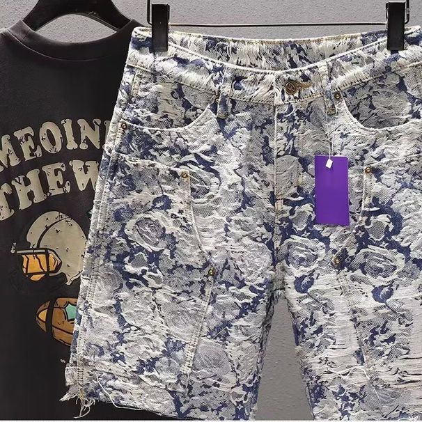 Luxury Denim Shorts For Men, Summer Loose Fit, Versatile, Casual, Trendy Five-point Pants, Fashionable Blue And White Porcelain Casual Pants._mkmklike.com